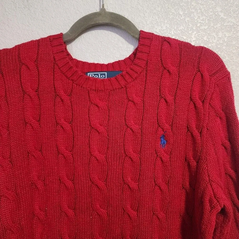 POLO RALPH LAUREN Cable Knit Sweater Red Cotton Pony Logo Preppy‎ 90s S